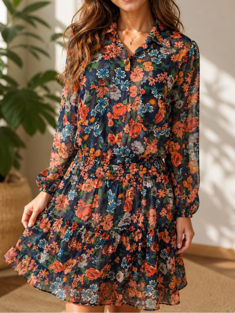 CityStudio- Navy Floral Long-Sleeve Tiered Dress Size Medium